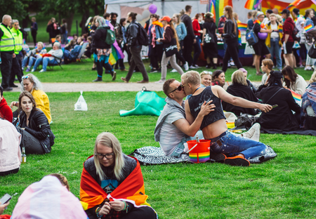 Helsinki, Finland - June 30, 2018: Participants of Helsinki pride festival in Kaivopuisto gardenのeditorial素材