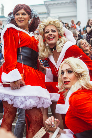 Helsinki, Finland - June 30, 2018: Participants in Santa Claus wearings on stairs of Cathedral on Helsinki pride festival on Senate squareのeditorial素材