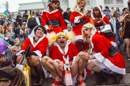 Helsinki, Finland - June 30, 2018: Participants in Santa Claus wearings on stairs of Cathedral on Helsinki pride festival on Senate squareのeditorial素材