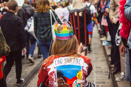 Helsinki, Finland - June 30, 2018: Girl in jacket with inscription