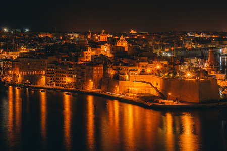 Fort St. Angelo, night Il-Birgu , view from Valletta, Maltaの写真素材
