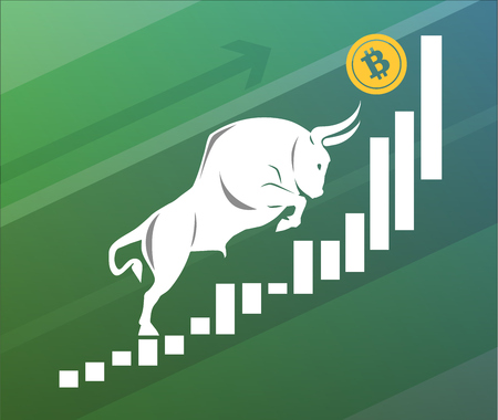 Bull moves Bitcoin up on graph, positive cryptocurrency market, green backgroundのイラスト素材