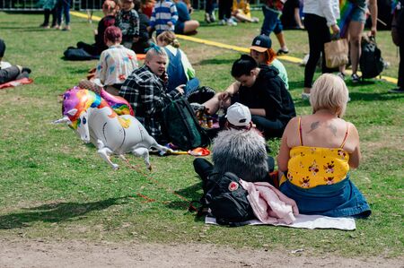 Helsinki, Finland - June 29, 2019: Unicorm balloons in Kaivopuisto public park on Helsinki Pride festivalのeditorial素材
