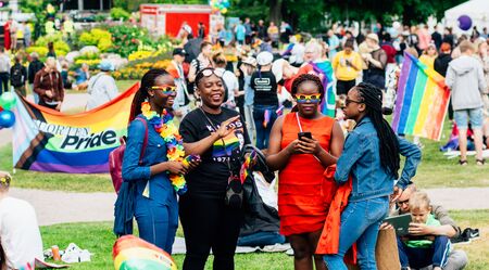 Helsinki, Finland - June 29, 2019: Group of afro american girls  on Helsinki Pride festival in...
