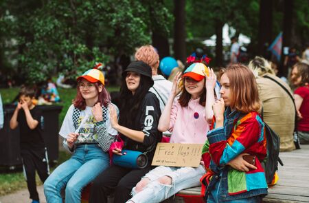 Helsinki, Finland - June 29, 2019: Group of girls with