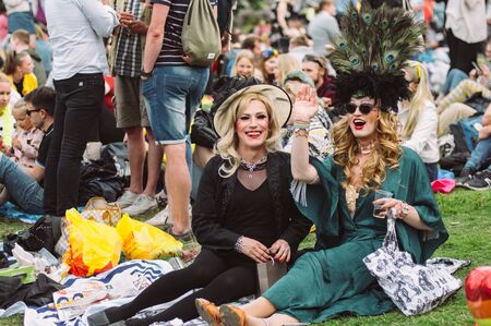 Helsinki, Finland - June 29, 2019: Men in costumes on picnic on Helsinki Pride festival in Kaivopuisto public parkのeditorial素材