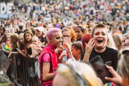 Helsinki, Finland - June 29, 2019: Tuure Boelius with fans near the scene after show on Helsinki Pride festival in Kaivopuisto public parkのeditorial素材