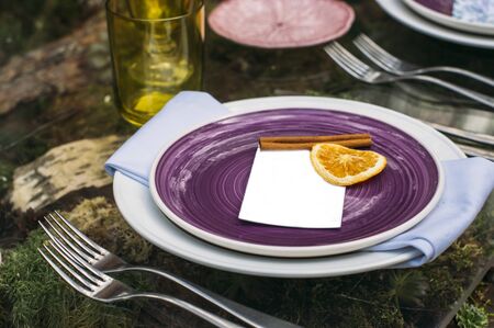 Wedding table decorations with moss, rustic styleの写真素材