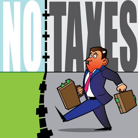 A business man fed up with taxation is crossing the border with suitcases full of moneyの写真素材