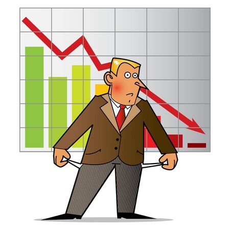 A businessman standing in front of a chart that shows decline in financeの写真素材
