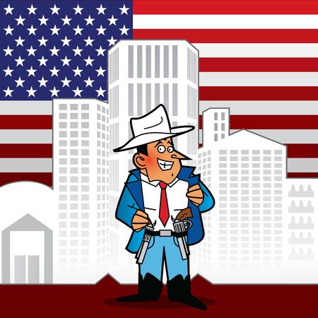A man in a cowboy hat proudly showing his guns. Buildings and american flag at the backgroundの写真素材
