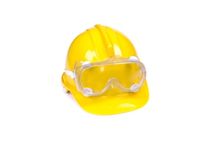 hard hat and goggles isolated on white, protective equipmentの写真素材