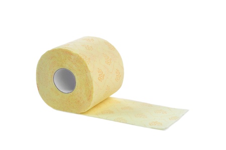 yellow toilet paper on white, backgroundの写真素材
