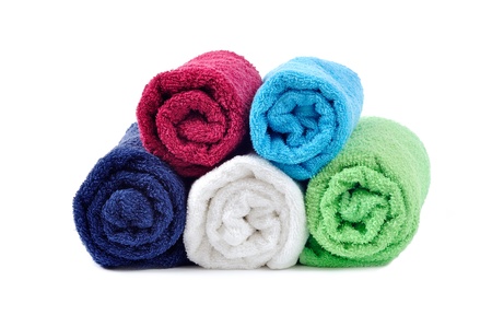 colorful rolled towels on white backgroundの写真素材