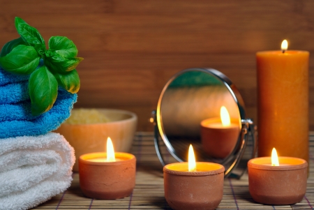 Towel, aromatic candles and objects from spaの写真素材