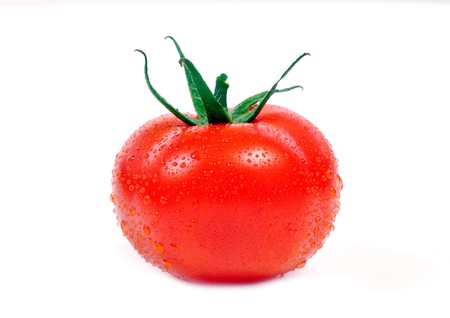 Fresh tomato with water drops on white backgroundの写真素材