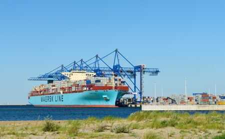 One of the largest container ships Maersk Elba enters a port in Gdansk  Poland  on 22 August 2012