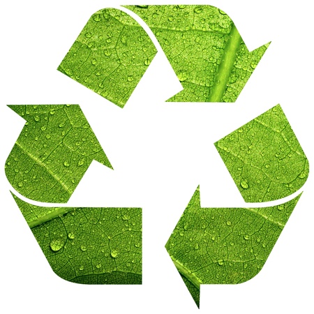 Recycle symbol with leaf texture isolated on white backgroundの写真素材