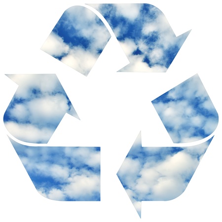 Recycle symbol with sky and clouds isolated on white backgroundの写真素材