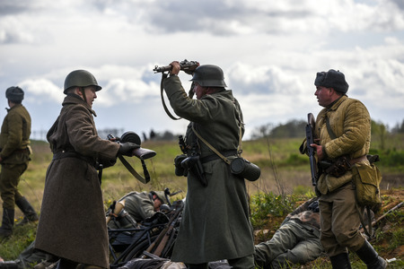 Rosowek, Poland, april 23, 2017: Historical reconstruction battle for Stettin in 1945, Red army against Wehrmacht in Rosowek.のeditorial素材
