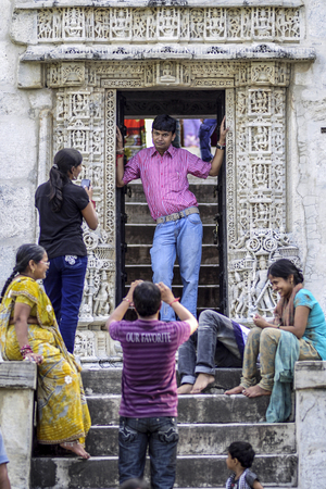 Ranakpur, India, september 11, 2010: Indian people visiting and making photo in temple of Ranakpur in India.のeditorial素材