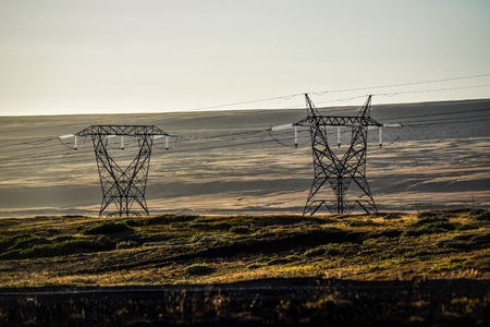 High-voltage lines in Iceland against infinite spaceの写真素材
