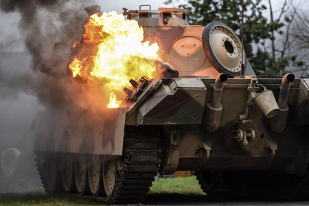 Gryfino, Poland, 23 september 2017: Historical reconstruction of the battle at Arnhem, German tank burning.のeditorial素材
