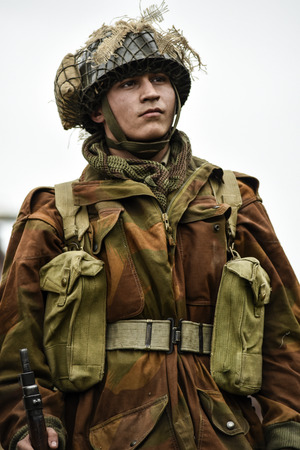 Gryfino, Poland, 23 september 2017: Historical reconstruction of the battle at Arnhem, portrait of the Allied soldier.のeditorial素材