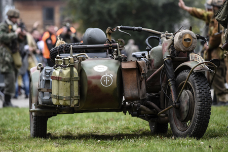 Gryfino, Poland, September 23, 2017: Historic reconstruction of the battle at Arnhem motorbike bmw in the German army.のeditorial素材