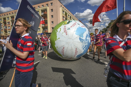 Szczecin, Poland, 6 august 2017: The Tall Ships Races 2017 crew parade in Szczecin, Fryderyk Chopin.のeditorial素材