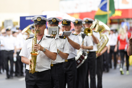 Szczecin, Poland, 6 august 2017: The Tall Ships Races 2017 crew parade in Szczecin, orchestra.のeditorial素材