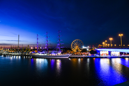Szczecin, Poland, 7 august 2017: Panorama of the quay in Szczecin during the finale of The Tall Ships Races 2017 by night.のeditorial素材