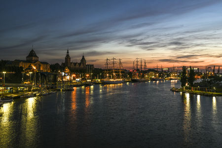Szczecin, Poland, 7 august 2017: Panorama of the quay in Szczecin during the finale of The Tall Ships Races 2017 by night.のeditorial素材