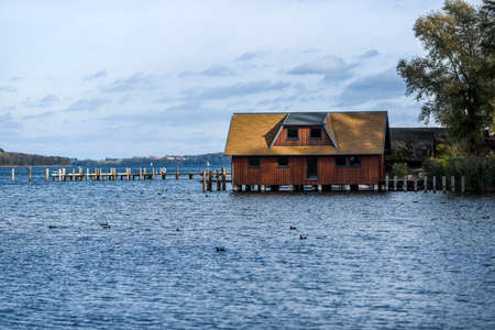 Wooden hause by tle lake in Schwerin in Germany.のeditorial素材