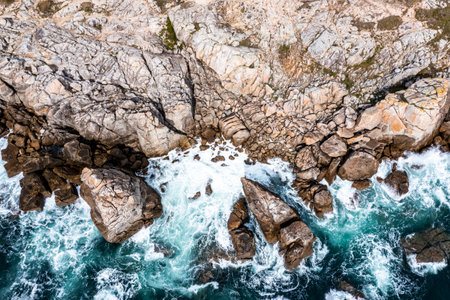 Sea landscape, view from the drone on the rocky coast of France.