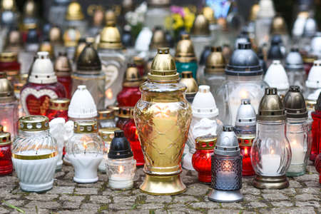 Candles at the Cemetery for the All Saints' Day in Poland.の写真素材