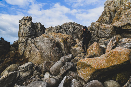 Beautiful and wild rocky coast of France in vintage retro tones, vintage landscape of coastline of France.の写真素材