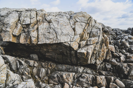 Beautiful and wild rocky coast of France in vintage retro tones, vintage landscape of coastline of France.の写真素材