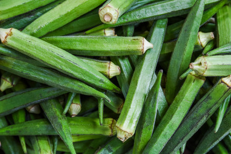 Okra lying in a shop for sale.の写真素材