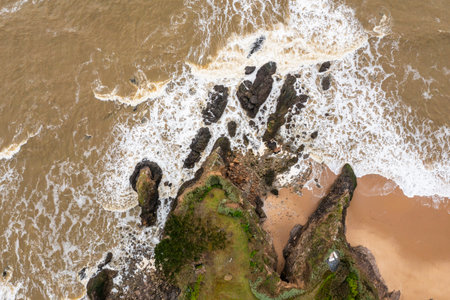 Rocky ocean coast in France, view from a drone.の写真素材