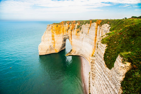 Beautiful limestone slopes in the Etretat area in Normandy by the ocean in France.の写真素材