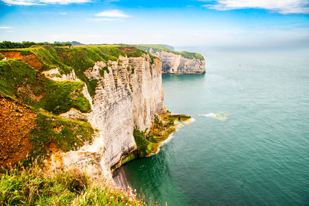 Beautiful limestone slopes in the Etretat area in Normandy by the ocean in France.の写真素材