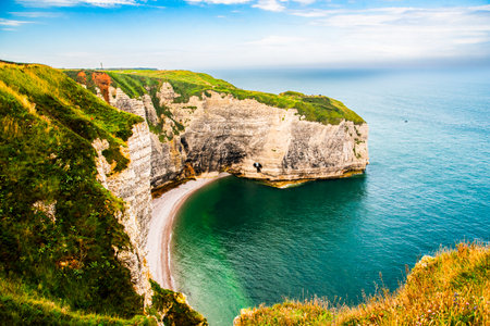 Beautiful limestone slopes in the Etretat area in Normandy by the ocean in France.の写真素材