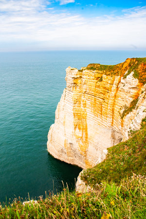 Beautiful limestone slopes in the Etretat area in Normandy by the ocean in France.