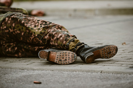 A close-up view of military boots with studded soles worn with camouflage uniform pants.