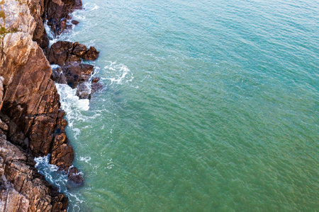Beautiful ocean landscape from a drone. View of the ocean, rocks and sand.の写真素材