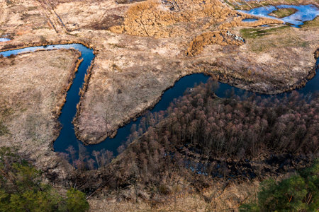 Wild river landscape autumn view from a drone in Poland.