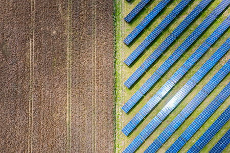 Photovoltaic farm. Photovoltaic panels in a field, view from a drone.