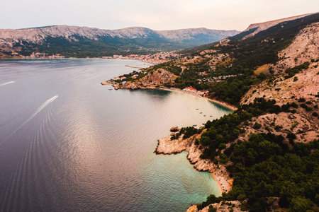 Beautiful drone landscape of the island of Krk in Croatia. Adriatic coast from a drone, seascape.