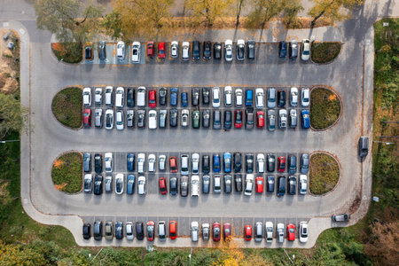 Car park fully occupied, view from a drone.の写真素材
